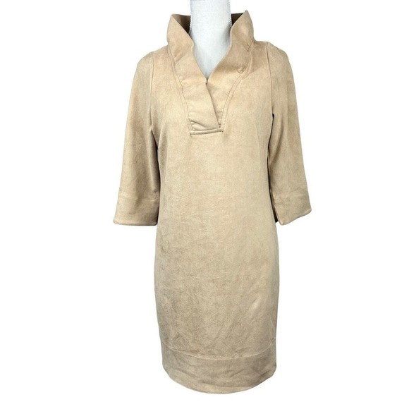 Gretchen Scott Beige Tan Ruffle V Neck Faux Suede Sheath Dress Size XS - Picture 1 of 10